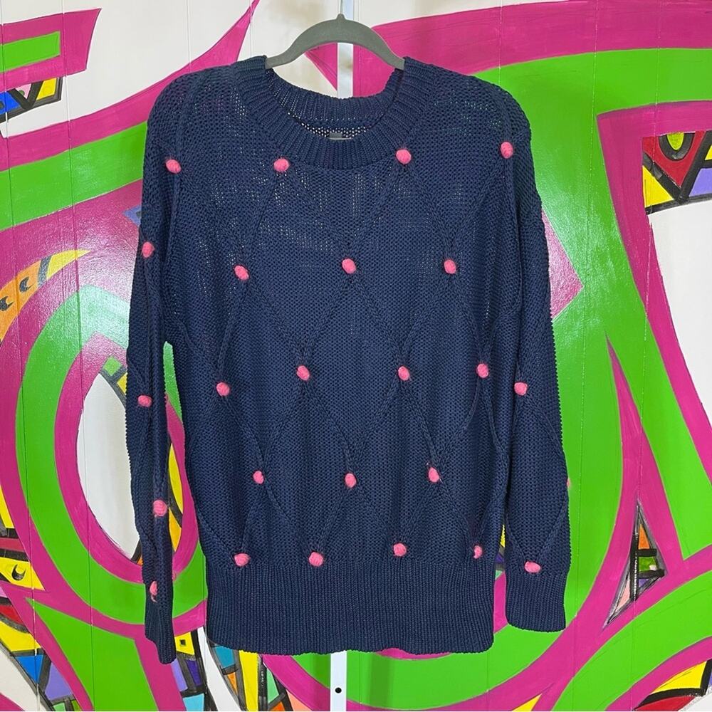 ALYA, Navy Knit Sweater with Pink Pom Pom Accents, Size Medium. Excellent cond!
